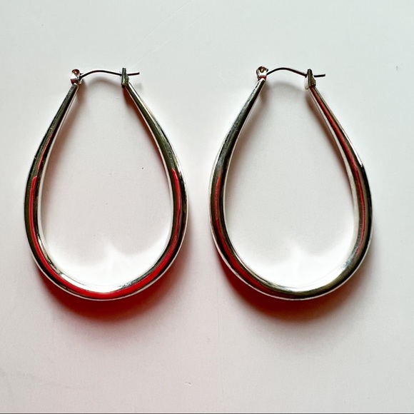 Silver Tone Oval Hoop Earrings - Picture 2 of 2